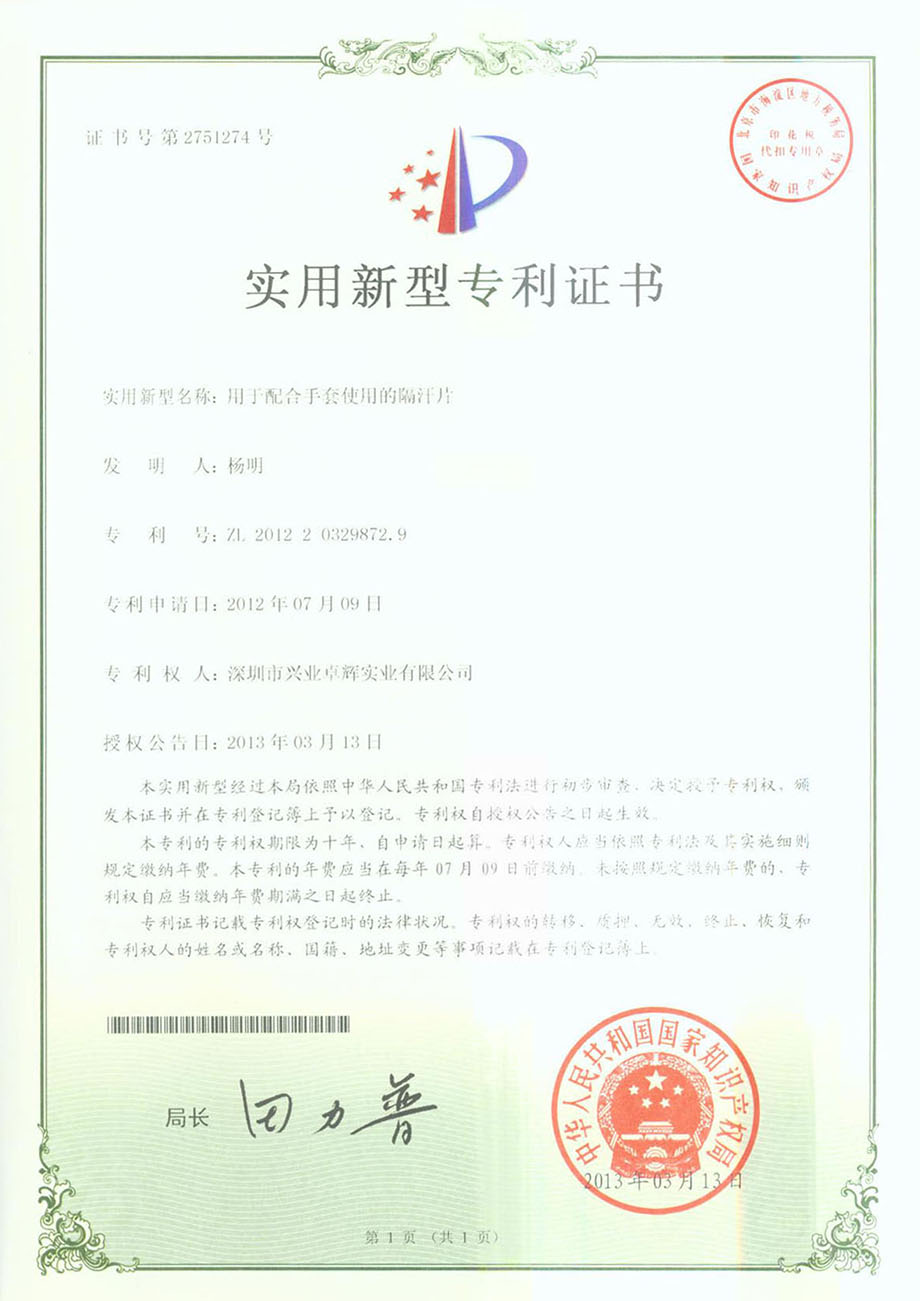 用於配合手套使用的隔（gé）汗片（piàn）實用新型專利